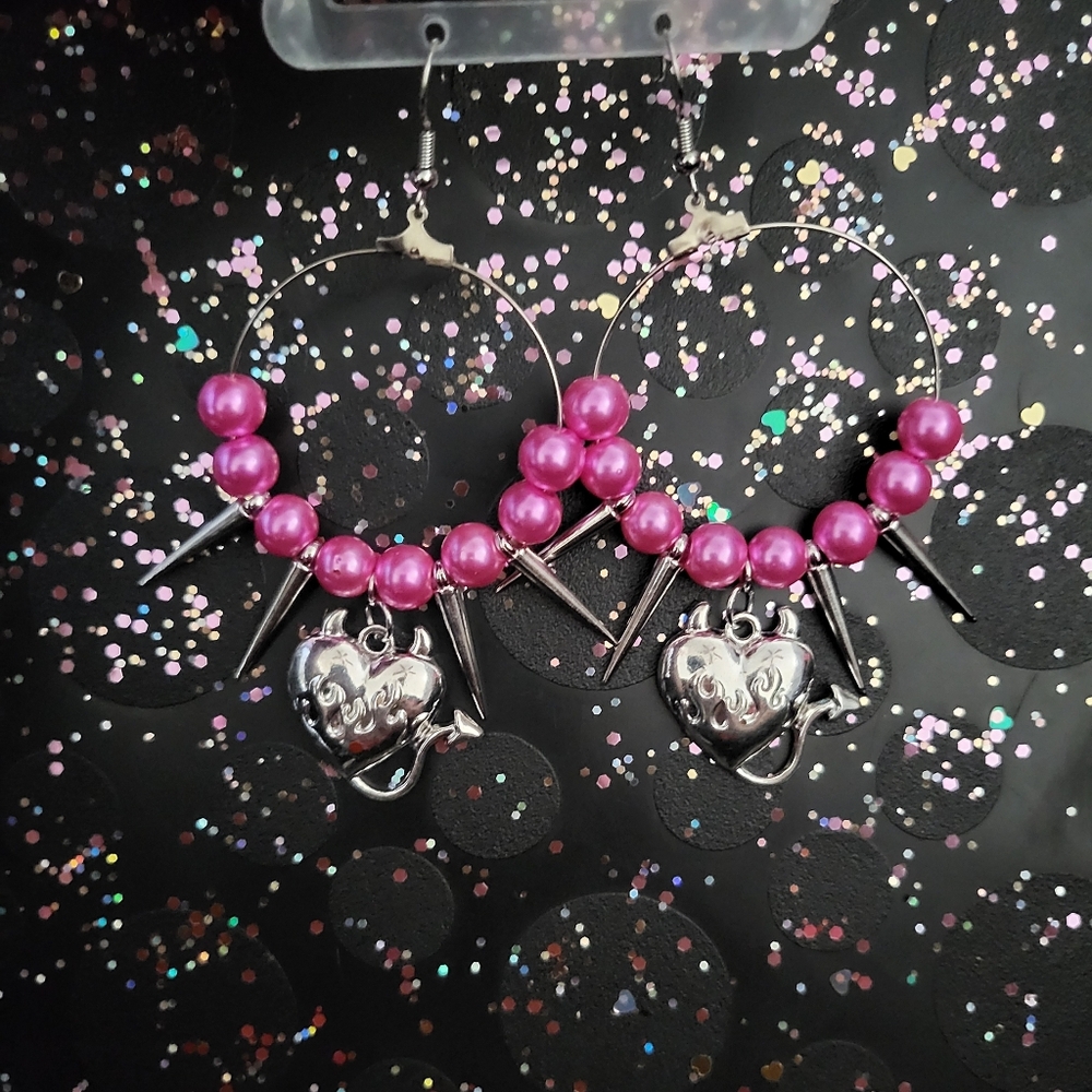 Pink Beaded Hoop Earrings with Heart Charms